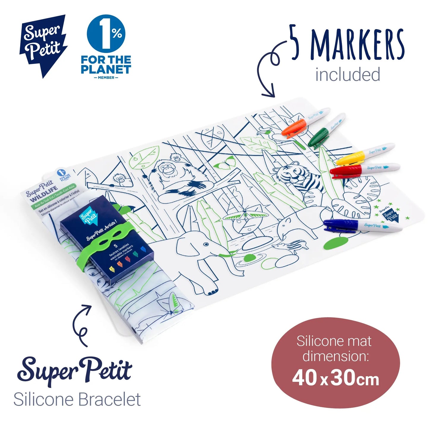 Edukacinis silikoninis spalvinimo kilimėlis - Džiunglės (5 markeriai komplekte)