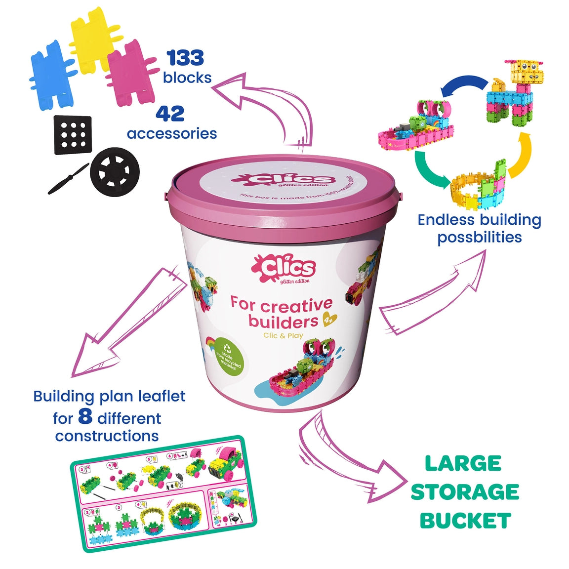 Clics „Bucket 8 in 1 Glitter“ konstruktorius