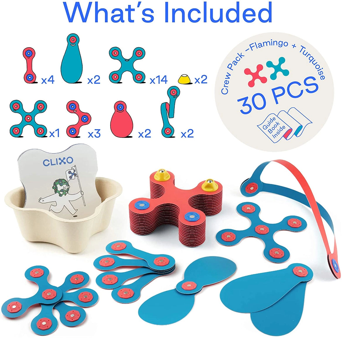 Clixo „Crew Pack“ (Flamingo & Turquoise) – 30 dalių magnetinis konstruktorius