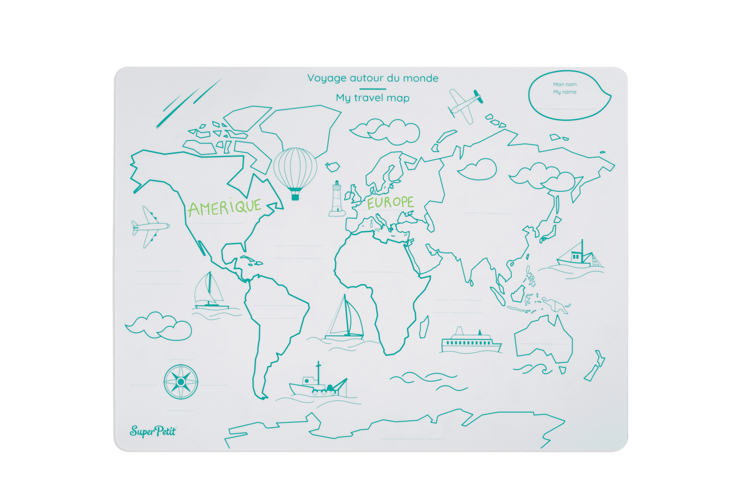 Edukacinis silikoninis dvipusis dvikalbis spalvinimo kilimėlis - Pasaulio žemėlapis (1 markeris komplekte)