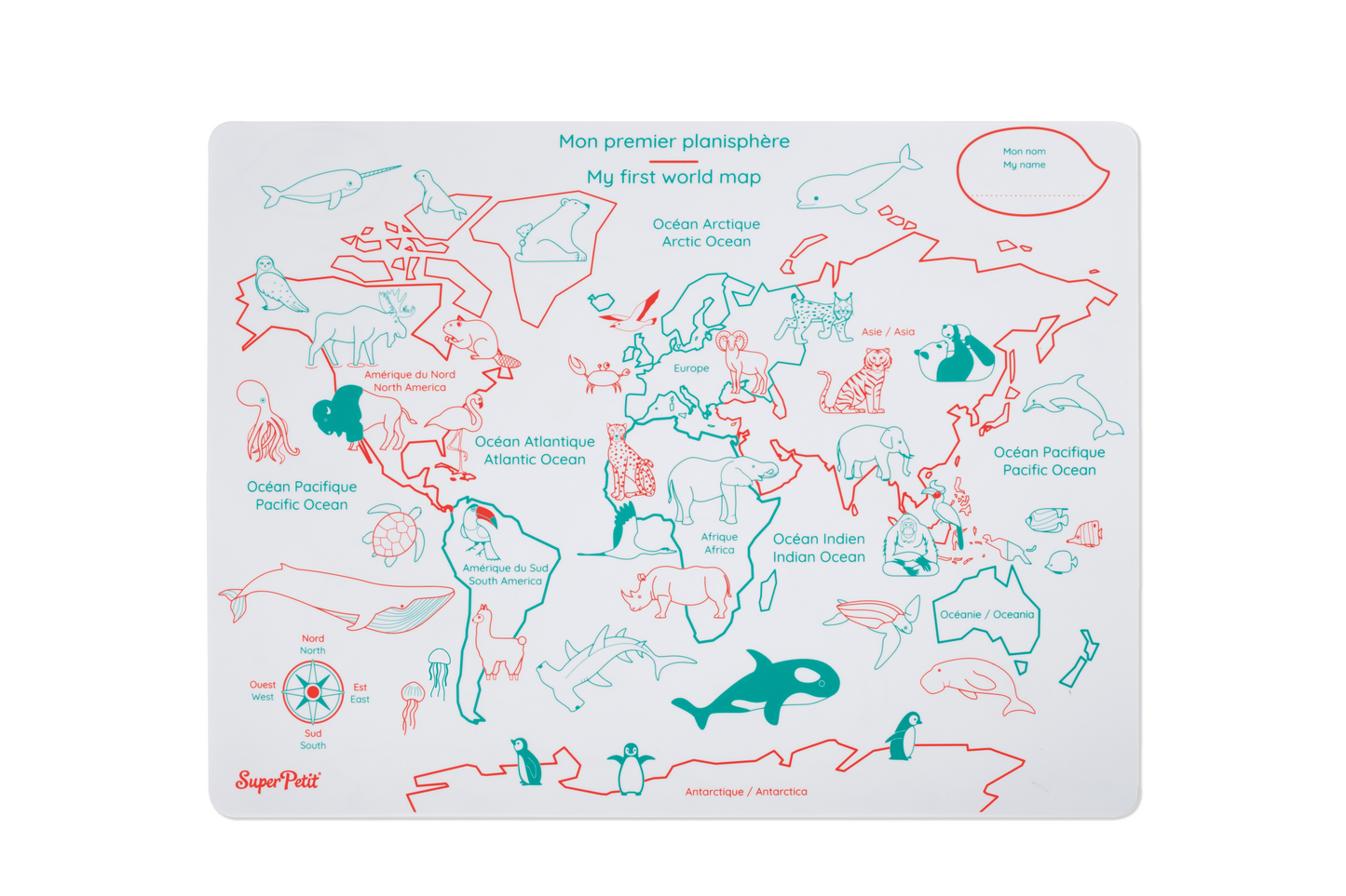 Edukacinis silikoninis dvipusis dvikalbis spalvinimo kilimėlis - Pasaulio žemėlapis (1 markeris komplekte)