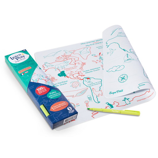 Edukacinis silikoninis dvipusis dvikalbis spalvinimo kilimėlis - Pasaulio žemėlapis (1 markeris komplekte)