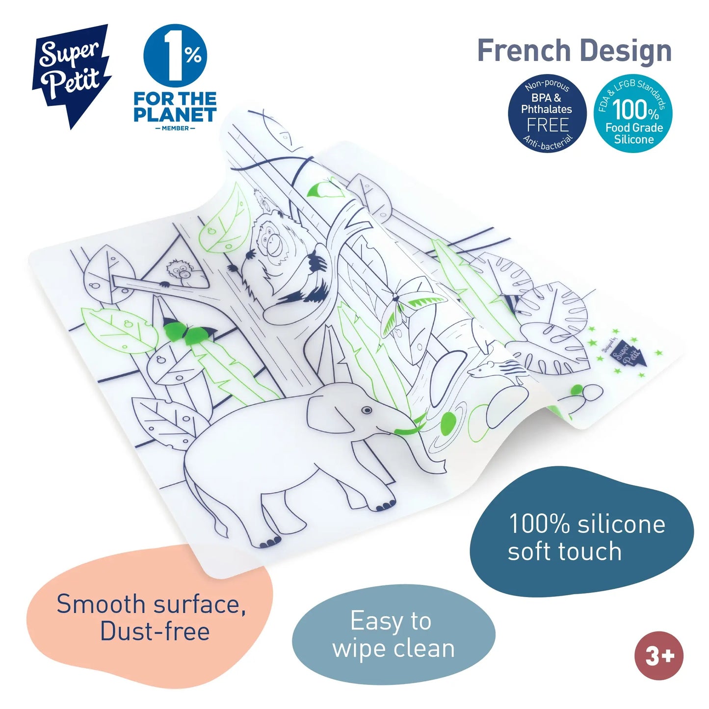Edukacinis silikoninis spalvinimo kilimėlis - Džiunglės (5 markeriai komplekte)