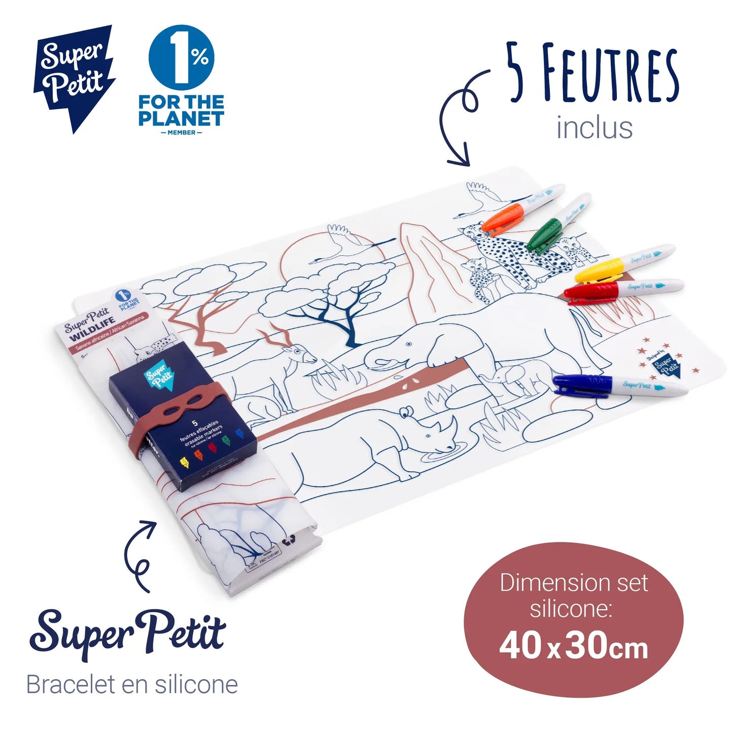 Edukacinis silikoninis spalvinimo kilimėlis - Savana (5 markeriai komplekte)