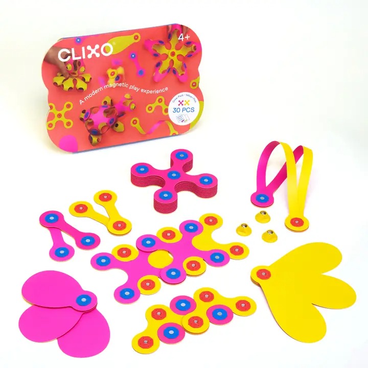 Clixo „Crew Pack“ (Pink & Yellow) – 30 dalių lankstus magnetinis konstruktorius